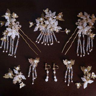 Set Of 9: Wedding Branches Hair Stick + Hair Clip + Dangle Earring Gold - One Size