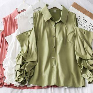 Off-shoulder Ruched Plain Shirt