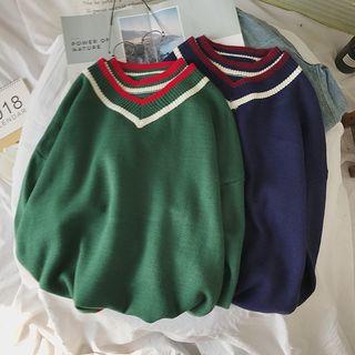 Loose-fit Mock Two-piece Striped Knit Sweater