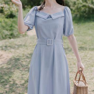 Square-collar Short-sleeve Midi Dress With Belt