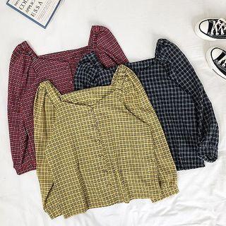 Single-breasted Plaid V-neck Long-sleeve Blouse