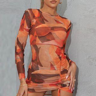 Long Sleeve Pattern Print Drawstring Mini Dress