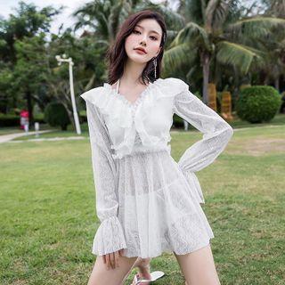 Set: Long-sleeve Lace Swimdress + Halter Bikini Top + Bottom