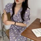 V-neck Floral Lantern-sleeve Chiffon Dress