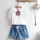 Set: Short-sleeve Peter Pan Collar Shirt + Ribbon Tie + Denim Shorts