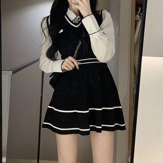 Long-sleeve Plain Shirt / Contrast Trim Vest / Contrast Trim A-line Mini Skirt