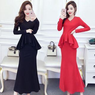 V-neck Long-sleeve Midi Peplum Dress