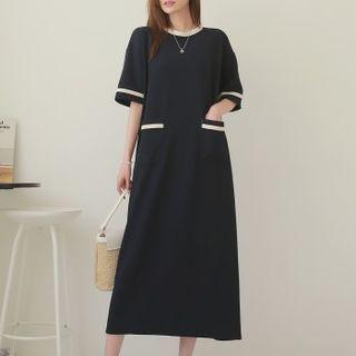 Contrast-trim Patch-pocket Maxi Dress