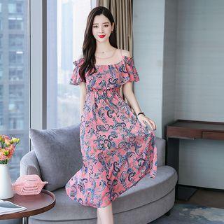 Mesh Panel Cold Shoulder Print A-line Dress