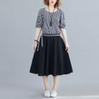 Set: Elbow-sleeve Plaid Top + A-line Midi Skirt