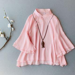 Mandarin Collar Bell-sleeve Chiffon Blouse