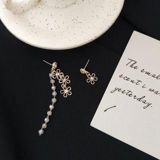 Non-matching Alloy Flower Faux Crystal Dangle Earring 1 Pair - 925 Silver - Gold & White - One Size