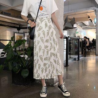 High-waist Leaf Printed Midi Skirt