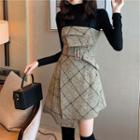 Set: Cutout Long-sleeve Top + Plaid A-line Suspender Dress
