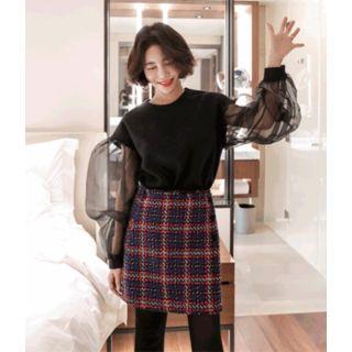 Round-neck Sheer-sleeve Pullover