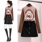 Plain Long-sleeve T-shirt / Printed Knit Vest / Mini A-line Skirt / Set
