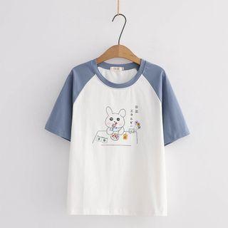 Elbow-sleeve Rabbit Print Raglan T-shirt
