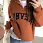 Lettering Embroidered Half-zip Hooded Sweater