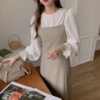 Bell-sleeve Shirt / Suspender Plain Tank Top Dress