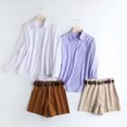 Set: Plain Long-sleeve Shirt / High-waist Shorts