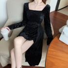 Square-neck Long-sleeve Asymmetric A-line Dress
