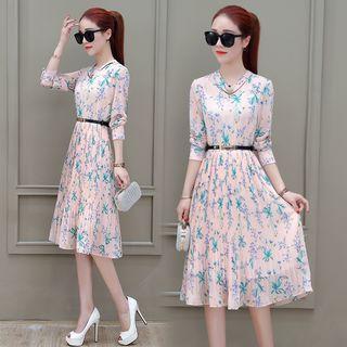 Long-sleeved Floral Print A-line V-neck Long Sheath Dress