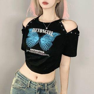 Short-sleeve Cold-shoulder Butterfly Print Cropped T-shirt