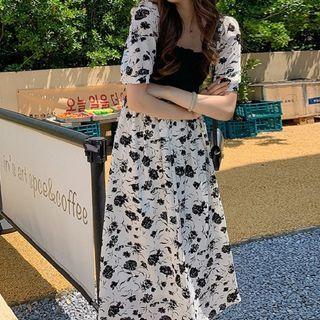 Short-sleeve Square Neck Floral A-line Dress (various Designs)