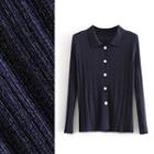 Plain Collared Knit Cardigan 80104 - Navy Blue - One Size