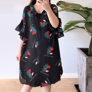3/4-sleeve Floral Shirt Dress
