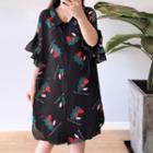3/4-sleeve Floral Shirt Dress