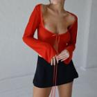 Bell-sleeve Mesh Tie-front Top