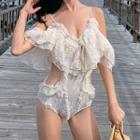 Elbow-sleeve Cold Shoulder Lace Swimsuit