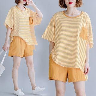 Set: Striped Elbow-sleeve T-shirt + Plain Shorts T-shirt - Yellow - One Size / Shorts - Yellow - One Size
