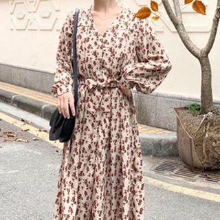 Long-sleeve Floral Midi A-line Dress As Shown In Figure - One Size