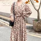 Long-sleeve Floral Midi A-line Dress As Shown In Figure - One Size