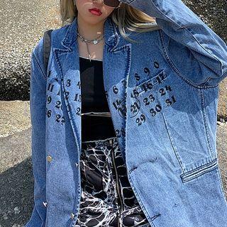 Number Print Double-breasted Denim Blazer