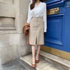 V-neck Blouse / Plain Midi Skirt