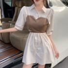 Short-sleeve Plain Shirt Dress + Sleeveless Asymmetric Cropped Top