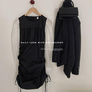 Contrast-sleeve Drawstring-side Dress One Size