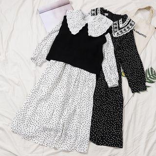 Tie-waist Dotted Print Dress / Cropped Knitted Vest