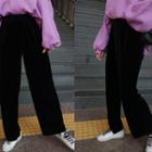 Band-waist Velvet Pants Black - One Size