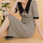 Contrast Collar Short-sleeve Plaid Midi Sheath Dress