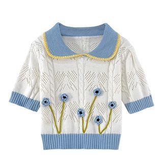 Short-sleeve Collared Floral Cropped Sweater