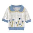Short-sleeve Collared Floral Cropped Sweater