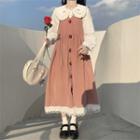 Lace Trim Flower Button Midi A-line Overall Dress / Peter Pan Collar Blouse