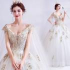 Cape-sleeve Sequin Leaf Wedding Ball Gown