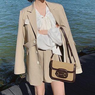 Set: Two-tone Panel Blazer + Pleated Mini A-line Skirt