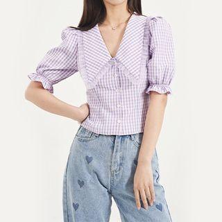 Plaid Flower Trim Short-sleeve Shirt