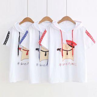 Short-sleeve Cartoon Cat Printed Hooded T-shirt